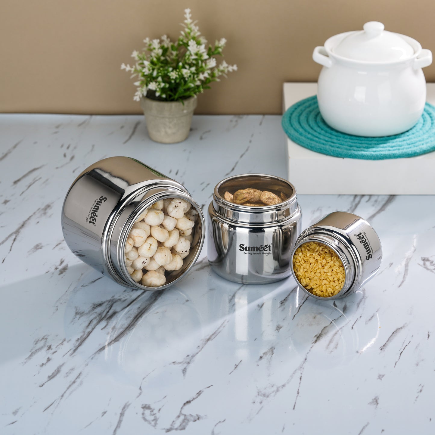 Sumeet Stainless Steel Canisters/Dabba/Storage Containers for Kitchen with See Through Lid, Combo of 3 Pcs (400ml with 9cm Dia, 800ml with 11cm Dia & 1450ml with 13.5cm Dia), Silver