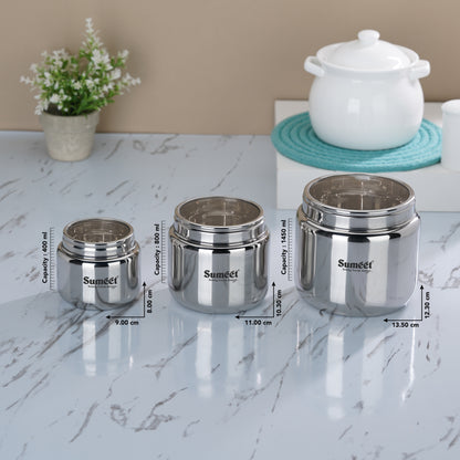 Sumeet Stainless Steel Canisters/Dabba/Storage Containers for Kitchen with See Through Lid, Combo of 3 Pcs (400ml with 9cm Dia, 800ml with 11cm Dia & 1450ml with 13.5cm Dia), Silver