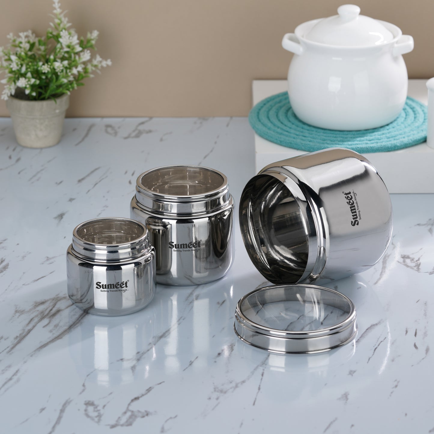 Sumeet Stainless Steel Canisters/Dabba/Storage Containers for Kitchen with See Through Lid, Combo of 3 Pcs (400ml with 9cm Dia, 800ml with 11cm Dia & 1450ml with 13.5cm Dia), Silver