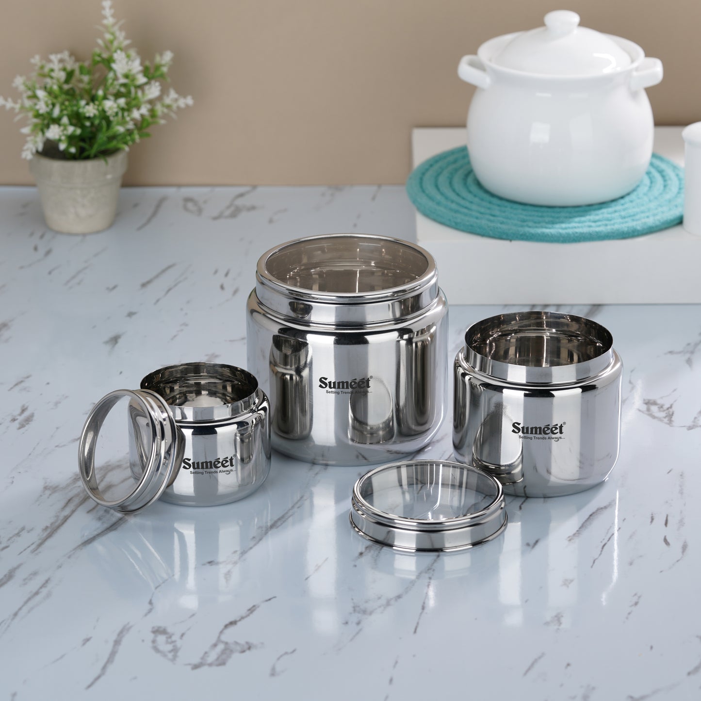 Sumeet Stainless Steel Canisters/Dabba/Storage Containers for Kitchen with See Through Lid, Combo of 3 Pcs (400ml with 9cm Dia, 800ml with 11cm Dia & 1450ml with 13.5cm Dia), Silver