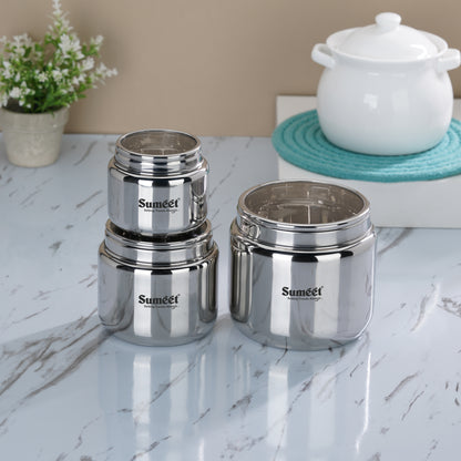 Sumeet Stainless Steel Canisters/Dabba/Storage Containers for Kitchen with See Through Lid, Combo of 3 Pcs (400ml with 9cm Dia, 800ml with 11cm Dia & 1450ml with 13.5cm Dia), Silver