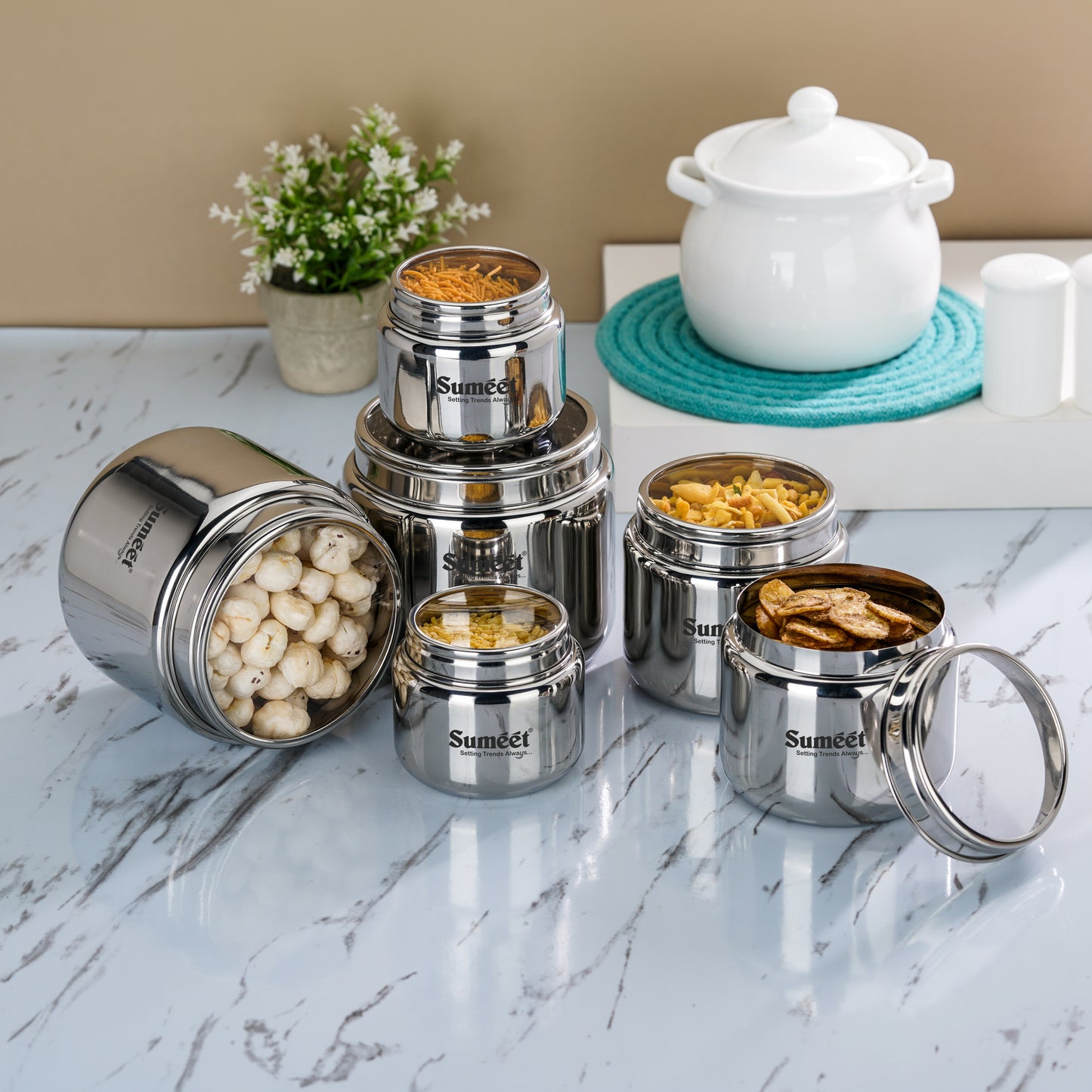 Sumeet Stainless Steel Canisters/Dabba/Storage Containers for Kitchen with See Through Lid, Combo of 6 Pcs (400ml -2Pcs + 9cm Dia, 800ml - 2Pc + 11cm Dia & 1450ml - 2Pc with 13.5cm Dia), Silver