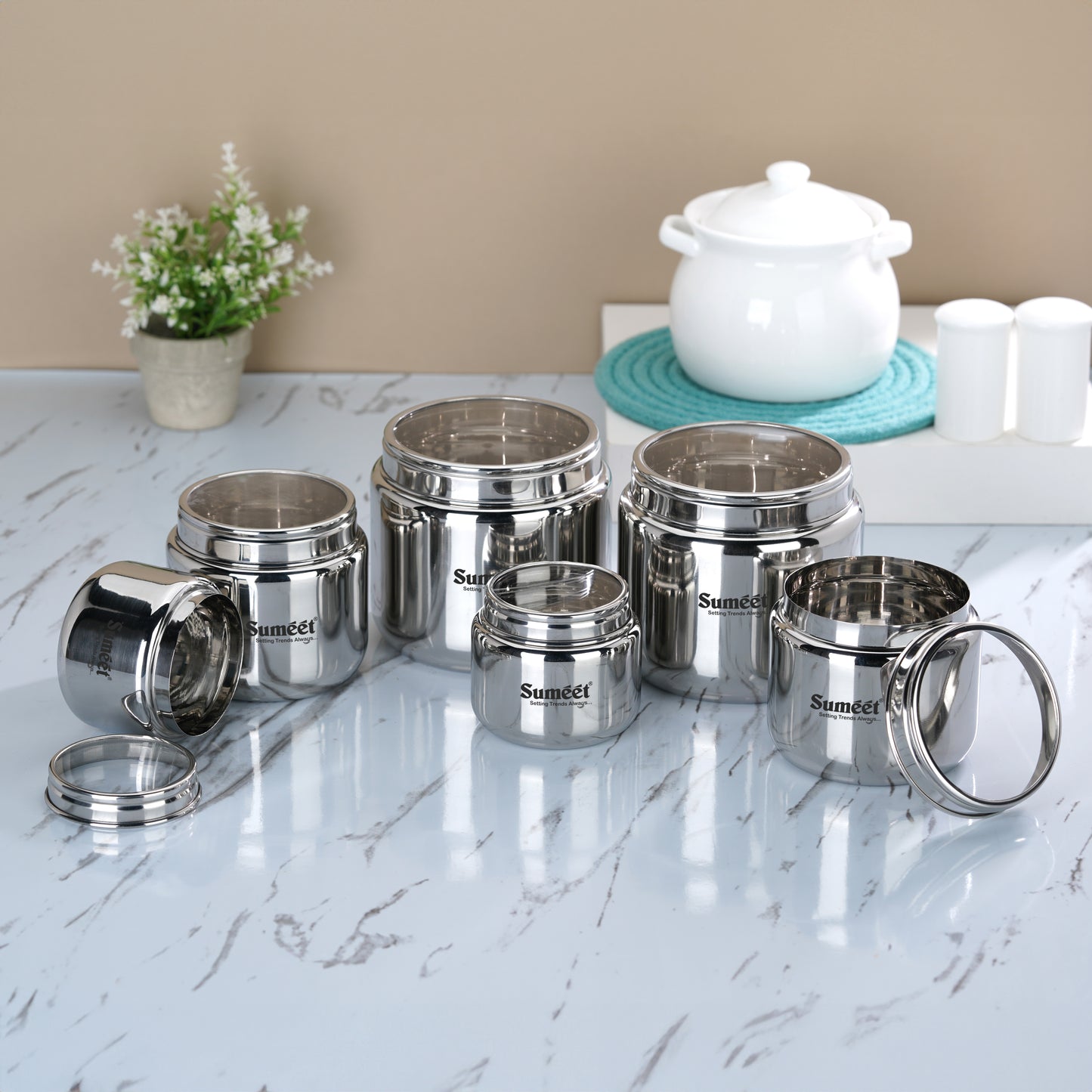 Sumeet Stainless Steel Canisters/Dabba/Storage Containers for Kitchen with See Through Lid, Combo of 6 Pcs (400ml -2Pcs + 9cm Dia, 800ml - 2Pc + 11cm Dia & 1450ml - 2Pc with 13.5cm Dia), Silver