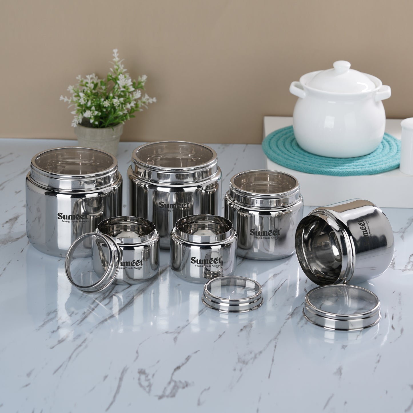 Sumeet Stainless Steel Canisters/Dabba/Storage Containers for Kitchen with See Through Lid, Combo of 6 Pcs (400ml -2Pcs + 9cm Dia, 800ml - 2Pc + 11cm Dia & 1450ml - 2Pc with 13.5cm Dia), Silver