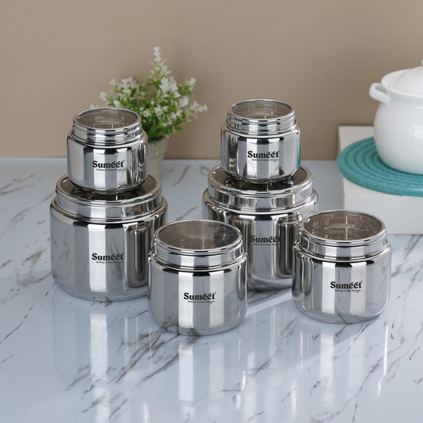 Sumeet Stainless Steel Canisters/Dabba/Storage Containers for Kitchen with See Through Lid, Combo of 6 Pcs (400ml -2Pcs + 9cm Dia, 800ml - 2Pc + 11cm Dia & 1450ml - 2Pc with 13.5cm Dia), Silver