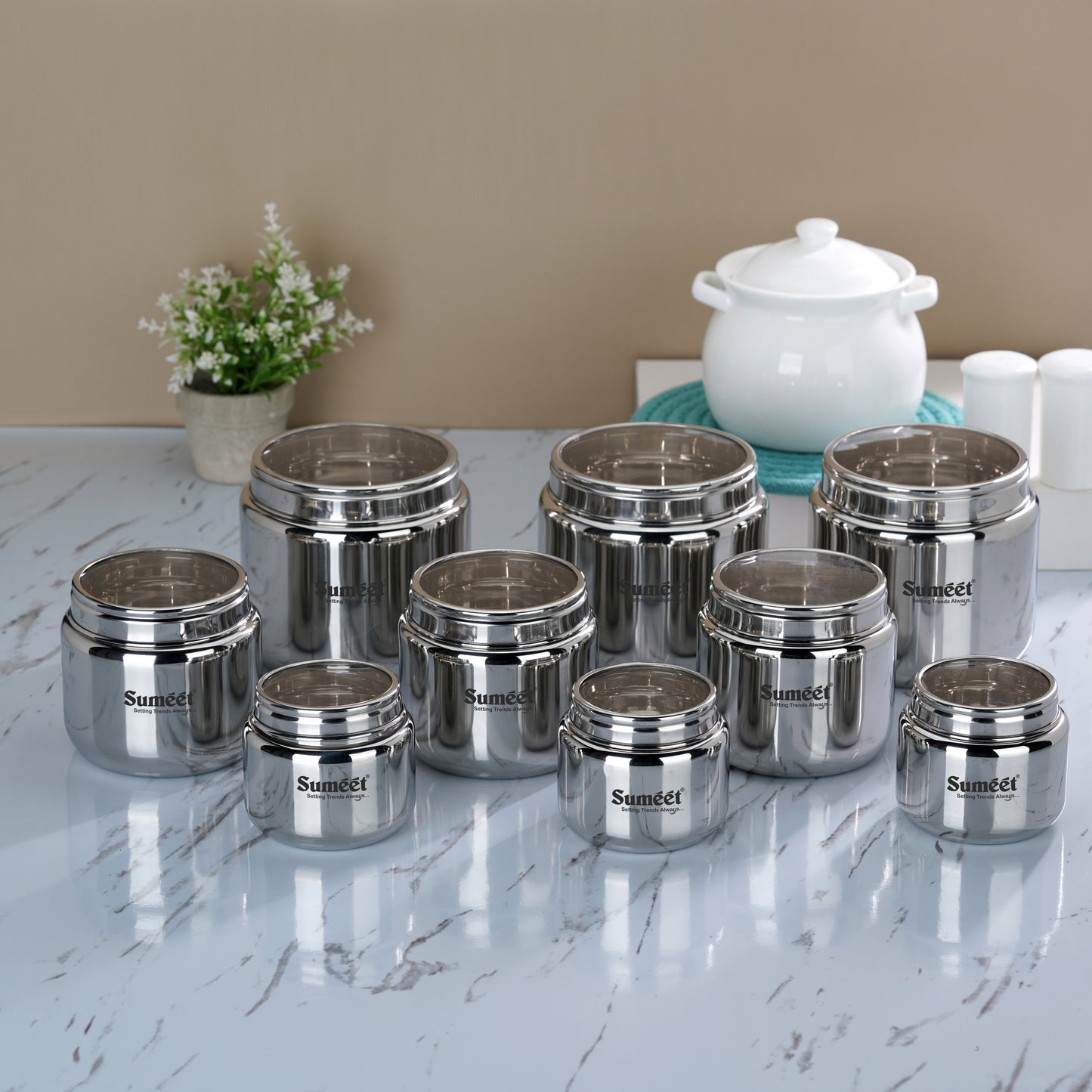 Sumeet Stainless Steel Canisters/Dabba/Storage Containers for Kitchen with See Through Lid, Combo of 9 Pcs (400ml -3Pcs + 9cm Dia, 800ml - 3Pc + 11cm Dia & 1450ml - 3Pc with 13.5cm Dia), Silver