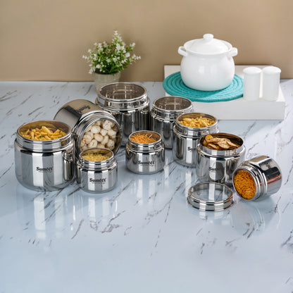 Sumeet Stainless Steel Canisters/Dabba/Storage Containers for Kitchen with See Through Lid, Combo of 9 Pcs (400ml -3Pcs + 9cm Dia, 800ml - 3Pc + 11cm Dia & 1450ml - 3Pc with 13.5cm Dia), Silver