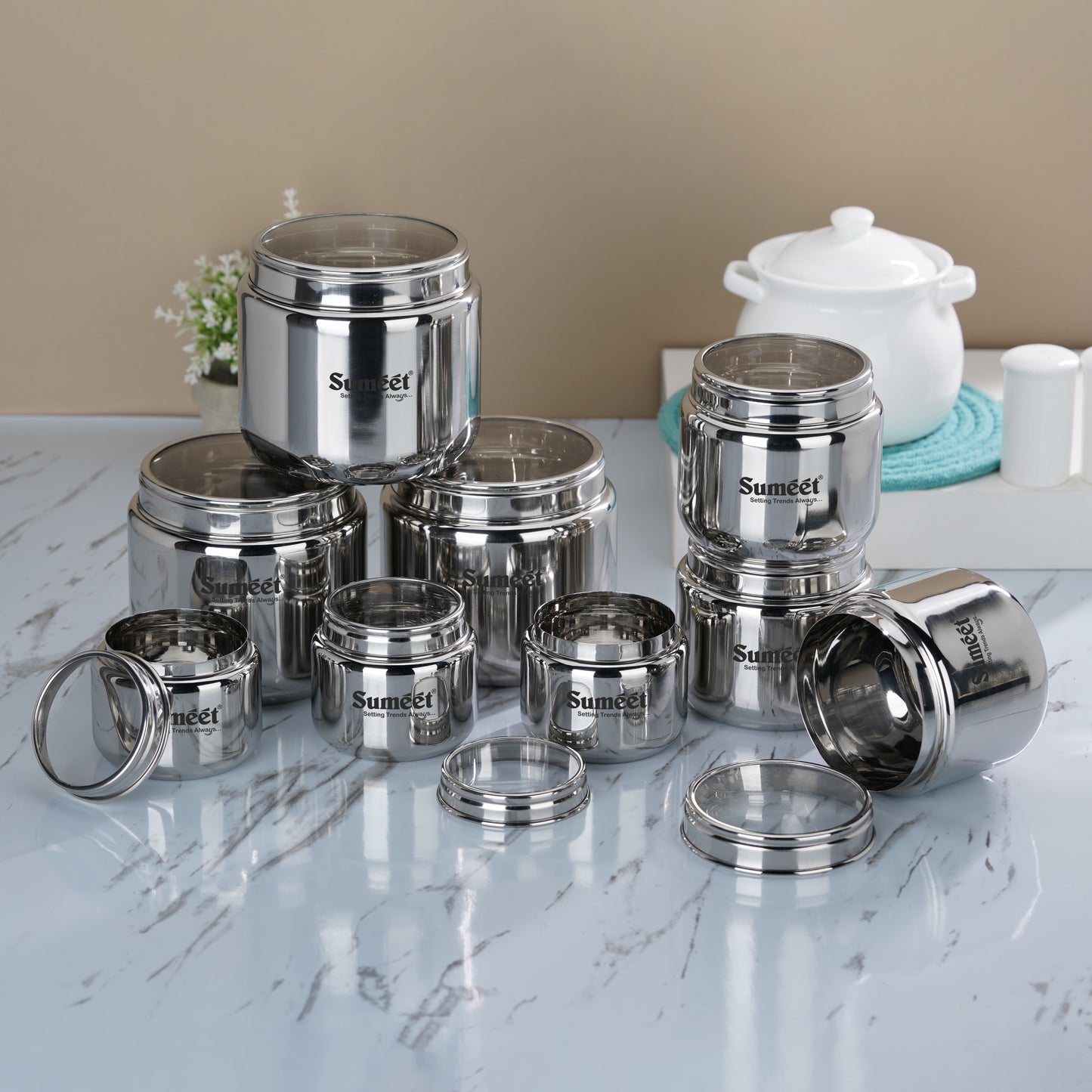 Sumeet Stainless Steel Canisters/Dabba/Storage Containers for Kitchen with See Through Lid, Combo of 9 Pcs (400ml -3Pcs + 9cm Dia, 800ml - 3Pc + 11cm Dia & 1450ml - 3Pc with 13.5cm Dia), Silver