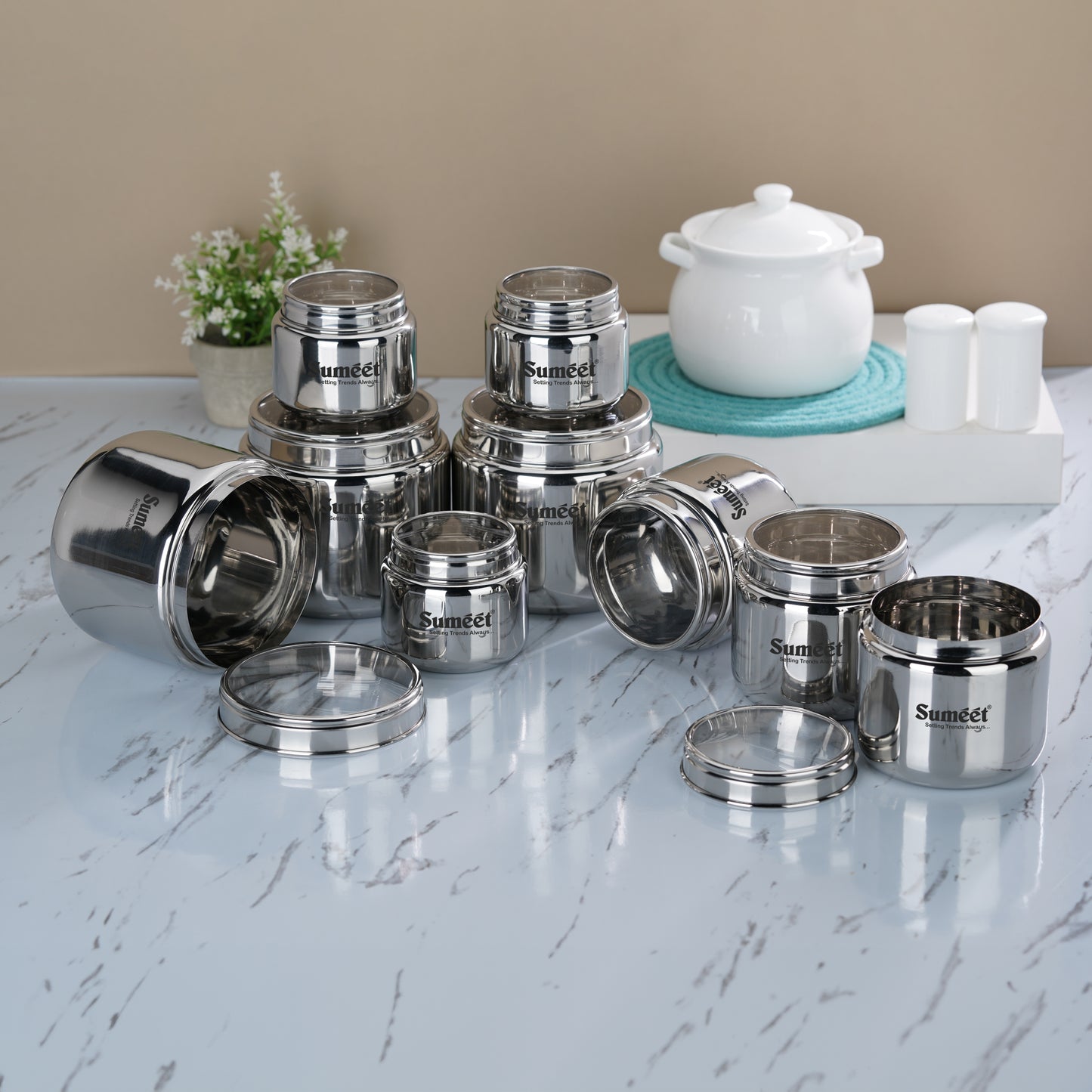 Sumeet Stainless Steel Canisters/Dabba/Storage Containers for Kitchen with See Through Lid, Combo of 9 Pcs (400ml -3Pcs + 9cm Dia, 800ml - 3Pc + 11cm Dia & 1450ml - 3Pc with 13.5cm Dia), Silver