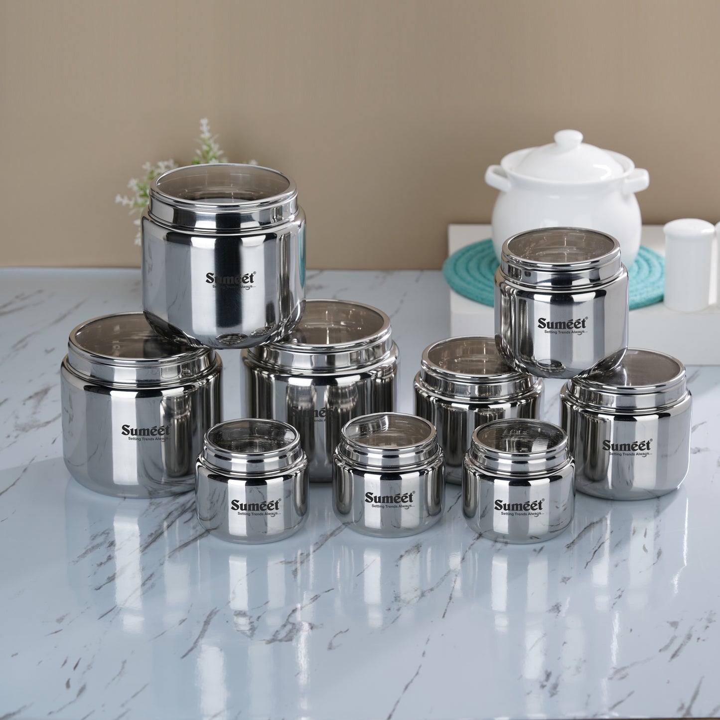 Sumeet Stainless Steel Canisters/Dabba/Storage Containers for Kitchen with See Through Lid, Combo of 9 Pcs (400ml -3Pcs + 9cm Dia, 800ml - 3Pc + 11cm Dia & 1450ml - 3Pc with 13.5cm Dia), Silver