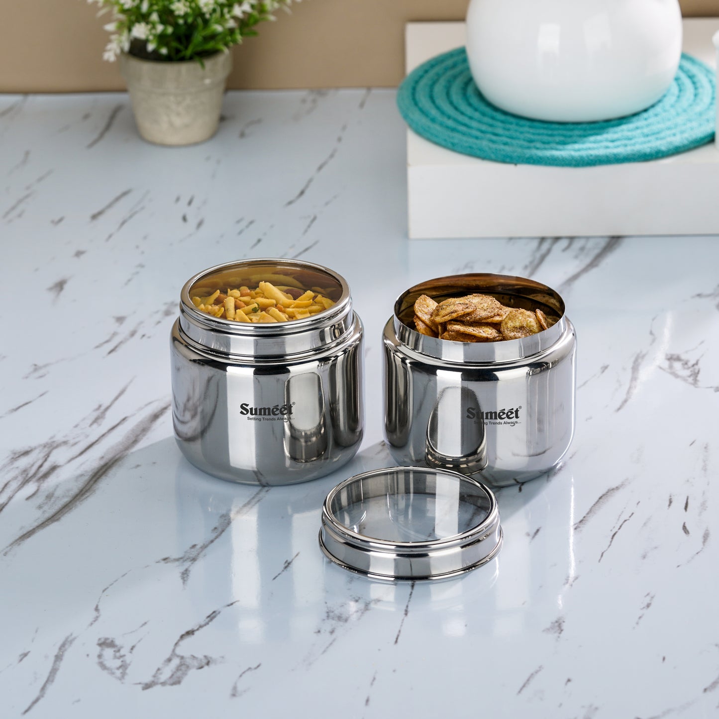 Sumeet Stainless Steel Canisters/Dabba/Storage Containers for Kitchen with See Through Lid, Set of 2 Pcs, 1450ml Each, 13.5cm Dia, Silver