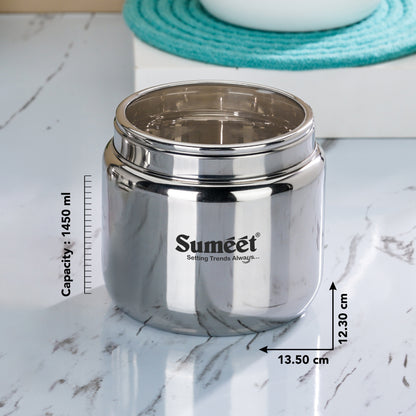 Sumeet Stainless Steel Canisters/Dabba/Storage Containers for Kitchen with See Through Lid, Set of 2 Pcs, 1450ml Each, 13.5cm Dia, Silver