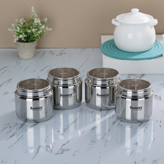 Sumeet Stainless Steel Canisters/Dabba/Storage Containers for Kitchen with See Through Lid, Set of 4 Pcs, 1450ml Each, 13.5cm Dia, Silver