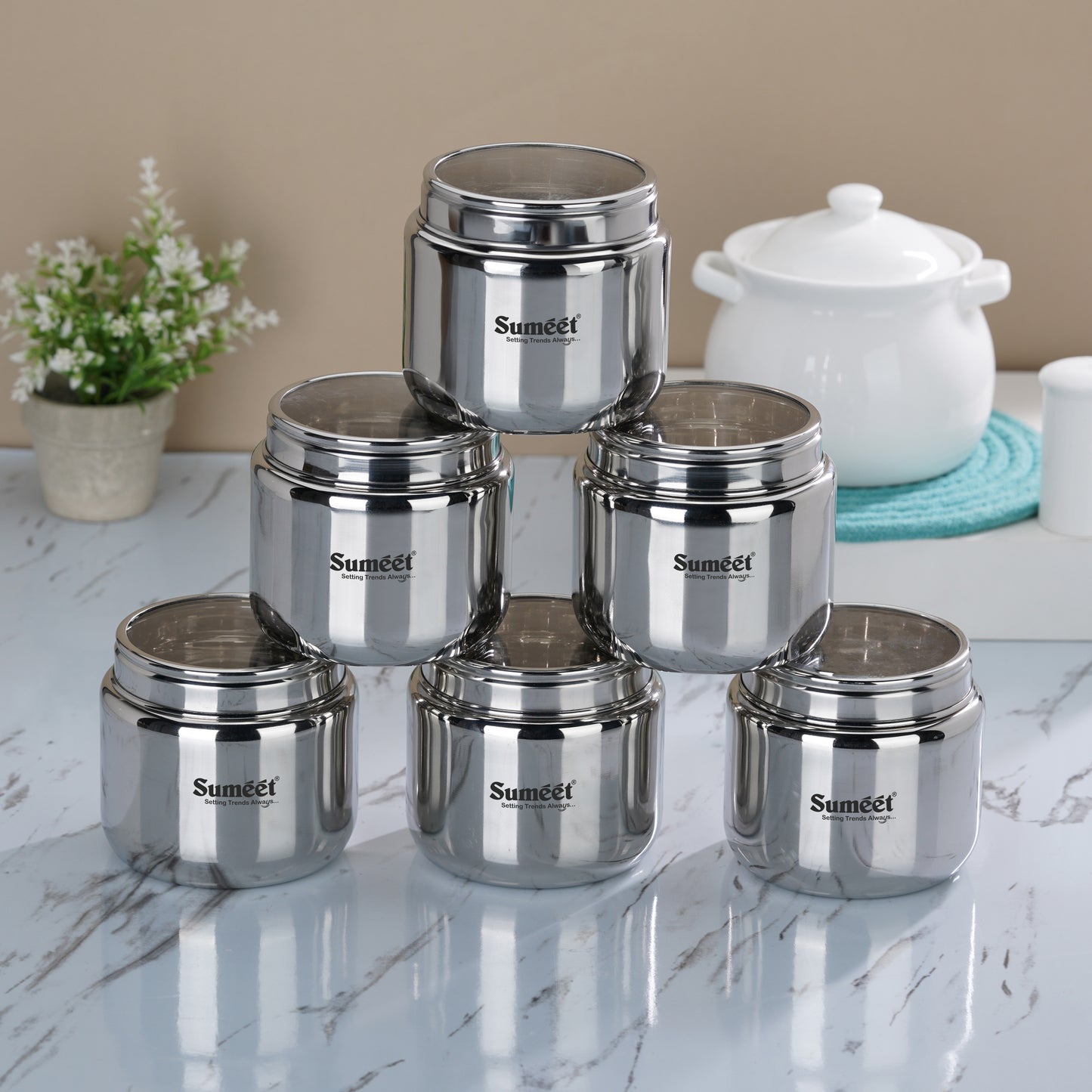 Sumeet Stainless Steel Canisters/Dabba/Storage Containers for Kitchen with See Through Lid, Set of 6 Pcs, 1450ml Each, 13.5cm Dia, Silver