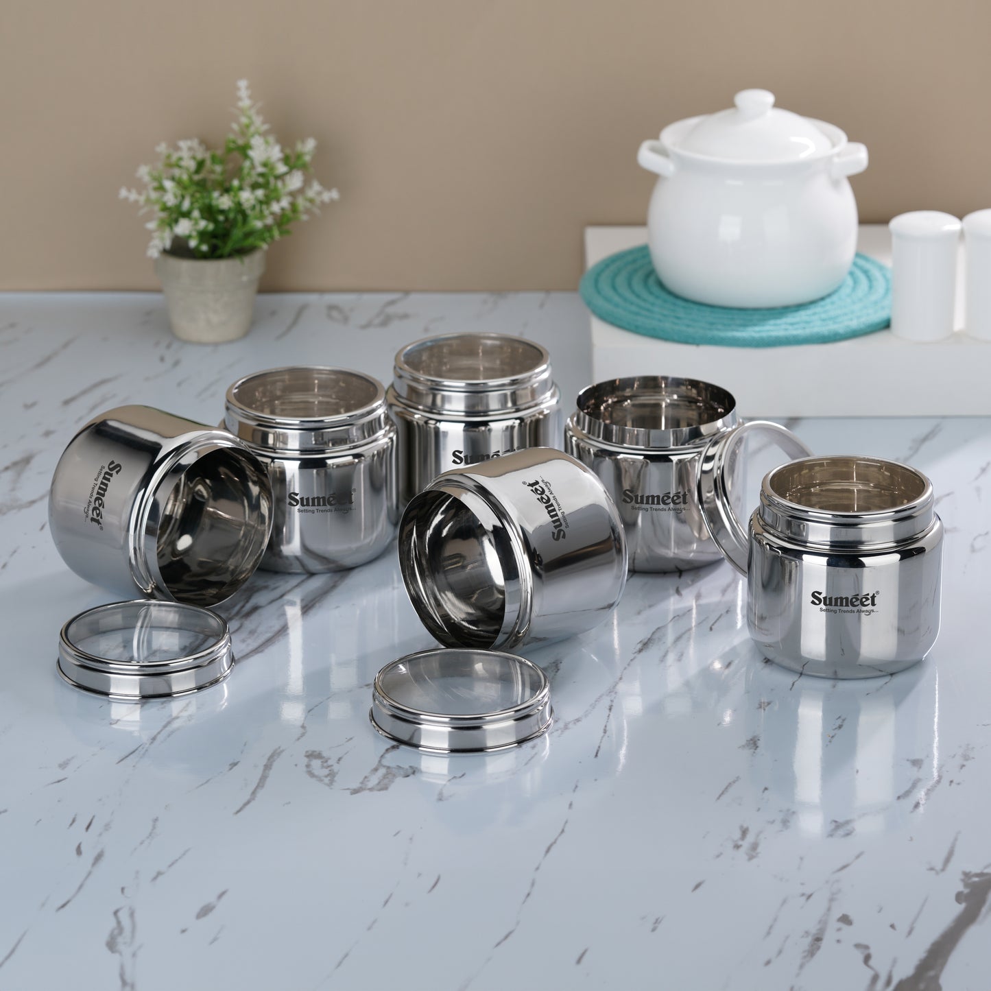 Sumeet Stainless Steel Canisters/Dabba/Storage Containers for Kitchen with See Through Lid, Set of 6 Pcs, 1450ml Each, 13.5cm Dia, Silver