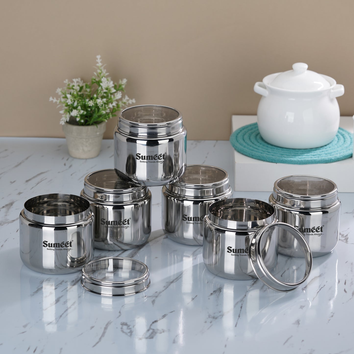 Sumeet Stainless Steel Canisters/Dabba/Storage Containers for Kitchen with See Through Lid, Set of 6 Pcs, 1450ml Each, 13.5cm Dia, Silver