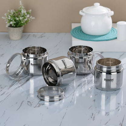 Sumeet Stainless Steel Canisters/Dabba/Storage Containers for Kitchen with See Through Lid, Set of 4 Pcs, 800ml Each, 11cm Dia, Silver