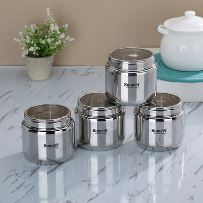 Sumeet Stainless Steel Canisters/Dabba/Storage Containers for Kitchen with See Through Lid, Set of 4 Pcs, 800ml Each, 11cm Dia, Silver