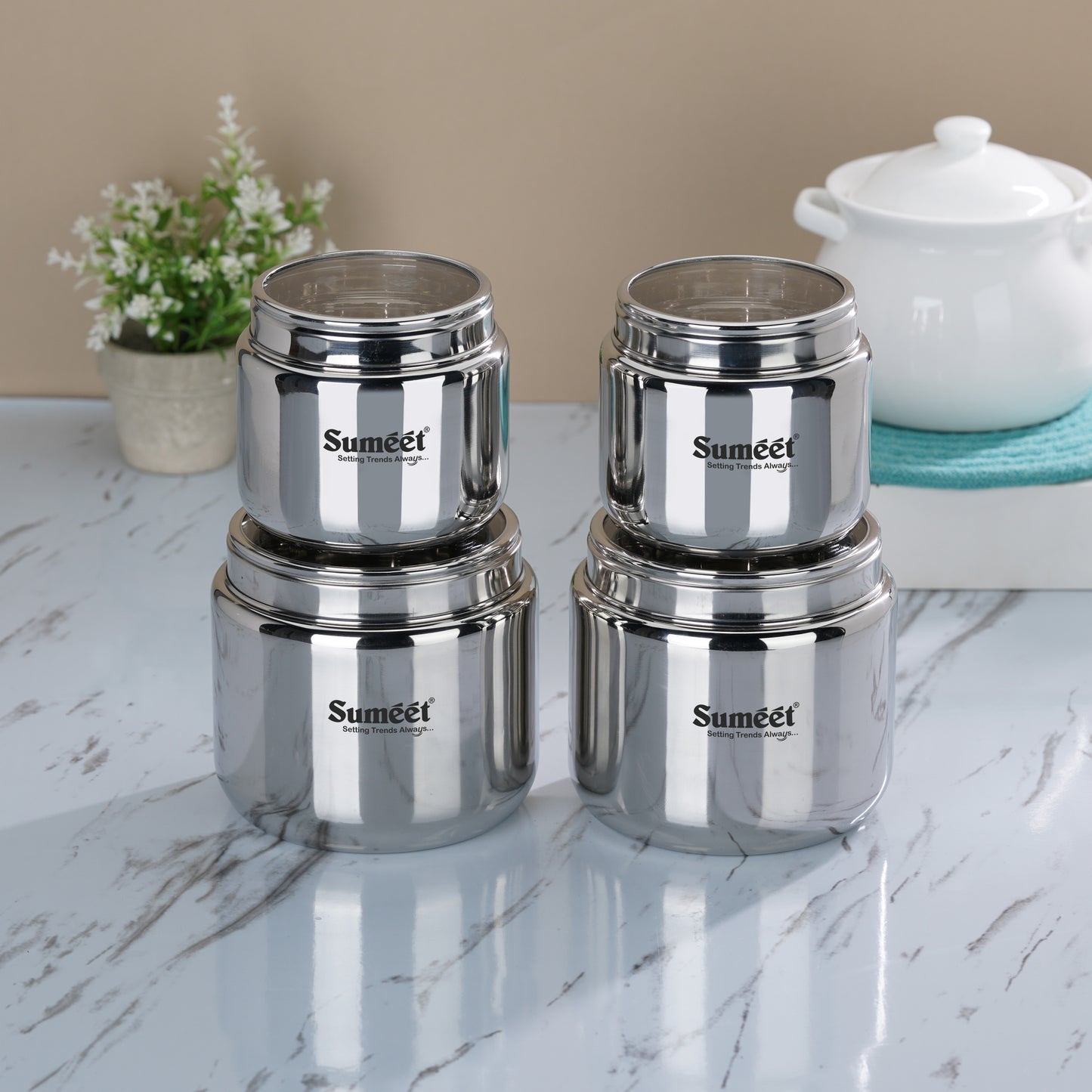 Sumeet Stainless Steel Small Canisters/Dabba/Storage Containers for Kitchen with See Through Lid, Combo of 4 Pcs (800ml -2Pcs with 11cm Dia & 1450ml - 2Pcs with 13.5cm Dia), Silver