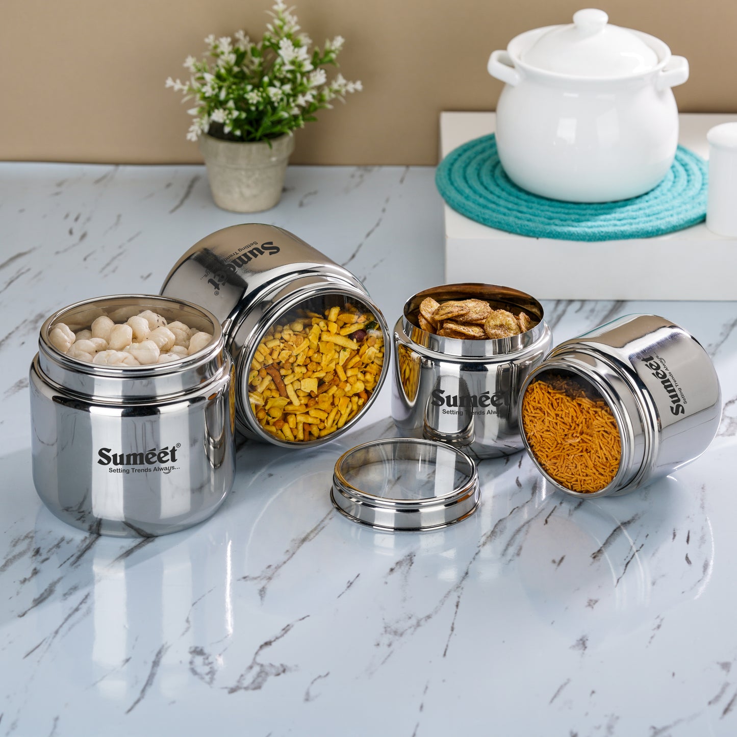 Sumeet Stainless Steel Small Canisters/Dabba/Storage Containers for Kitchen with See Through Lid, Combo of 4 Pcs (800ml -2Pcs with 11cm Dia & 1450ml - 2Pcs with 13.5cm Dia), Silver