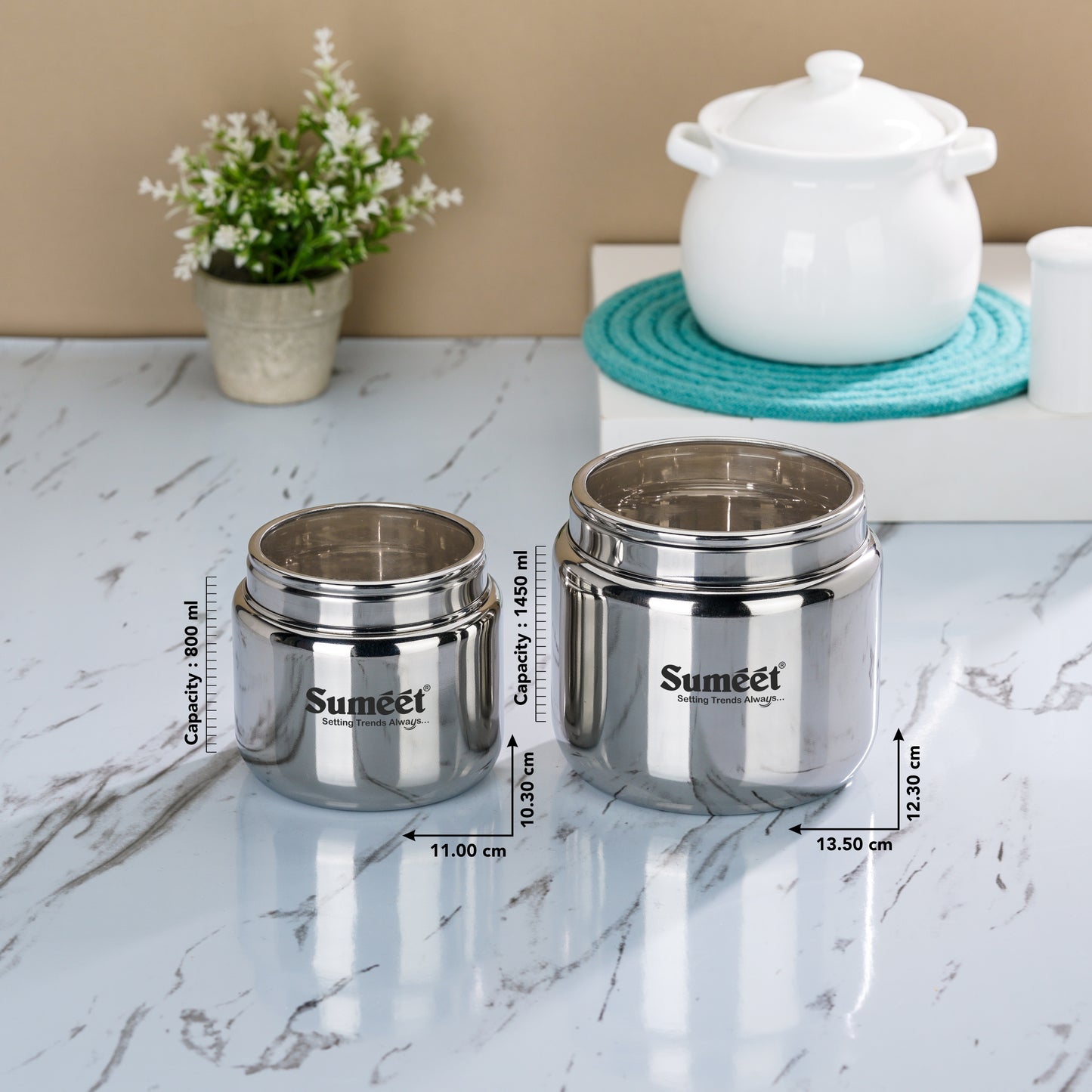 Sumeet Stainless Steel Small Canisters/Dabba/Storage Containers for Kitchen with See Through Lid, Combo of 4 Pcs (800ml -2Pcs with 11cm Dia & 1450ml - 2Pcs with 13.5cm Dia), Silver