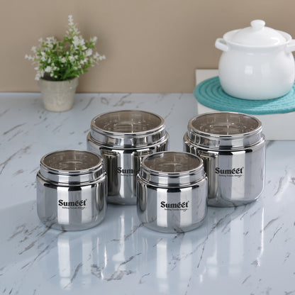 Sumeet Stainless Steel Small Canisters/Dabba/Storage Containers for Kitchen with See Through Lid, Combo of 4 Pcs (800ml -2Pcs with 11cm Dia & 1450ml - 2Pcs with 13.5cm Dia), Silver