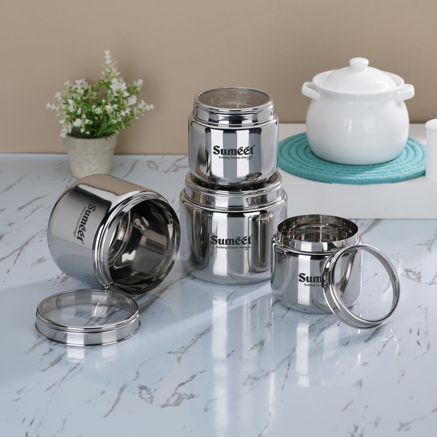 Sumeet Stainless Steel Small Canisters/Dabba/Storage Containers for Kitchen with See Through Lid, Combo of 4 Pcs (800ml -2Pcs with 11cm Dia & 1450ml - 2Pcs with 13.5cm Dia), Silver