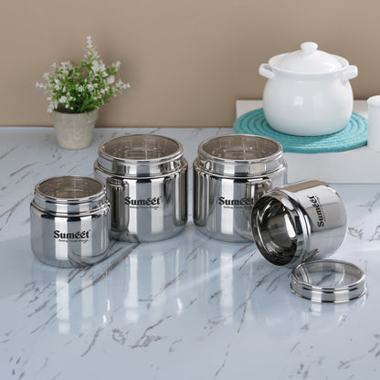 Sumeet Stainless Steel Small Canisters/Dabba/Storage Containers for Kitchen with See Through Lid, Combo of 4 Pcs (800ml -2Pcs with 11cm Dia & 1450ml - 2Pcs with 13.5cm Dia), Silver