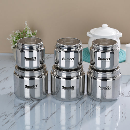 Sumeet Stainless Steel Canisters/Dabba/Storage Containers for Kitchen with See Through Lid, Combo of 6 Pcs (800ml -3Pcs with 11cm Dia & 1450ml - 3Pcs with 13.5cm Dia), Silver