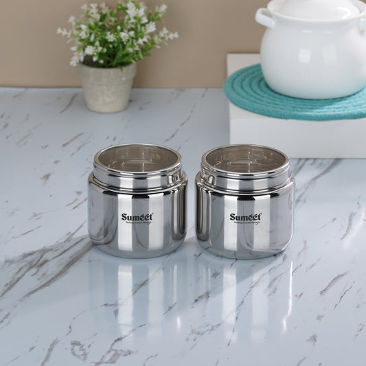 Sumeet Stainless Steel Small Canisters/Dabba/Storage Containers for Kitchen with See Through Lid, Set of 2 Pcs, 400ml Each, 9cm Dia, Silver