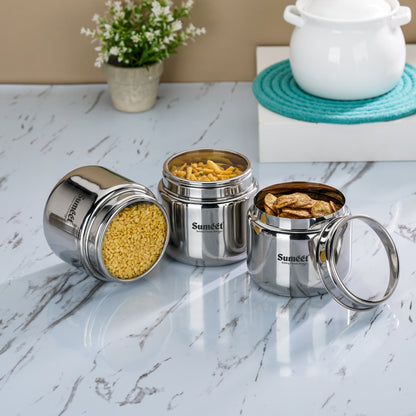 Sumeet Stainless Steel Small Canisters/Dabba/Storage Containers for Kitchen with See Through Lid, Set of 3 Pcs, 400ml Each, 9cm Dia, Silver