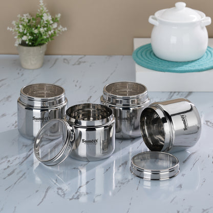 Sumeet Stainless Steel Small Canisters/Dabba/Storage Containers for Kitchen with See Through Lid, Set of 4 Pcs, 400ml Each, 9cm Dia, Silver