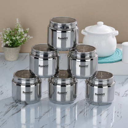 Sumeet Stainless Steel Small Canisters/Dabba/Storage Containers for Kitchen with See Through Lid, Set of 6 Pcs, 400ml Each, 9cm Dia, Silver