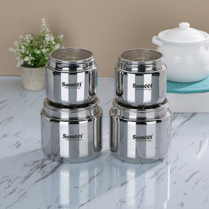 Sumeet Stainless Steel Canisters/Dabba/Storage Containers for Kitchen with See Through Lid, Combo of 4 Pcs (400ml -2Pcs with 9cm Dia & 800ml - 2Pcs with 11cm Dia), Silver