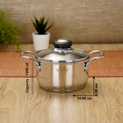 Sumeet Stainless Steel Induction Bottom (Encapsulated Bottom) Casserole with Glass Lid 1.3 LTR, 14 cm Dia, Silver