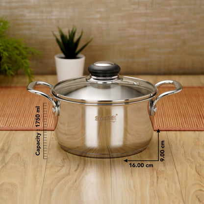 Sumeet Stainless Steel Induction Bottom (Encapsulated Bottom) Casserole with Glass Lid 1750ml, 16 cm Dia, Silver