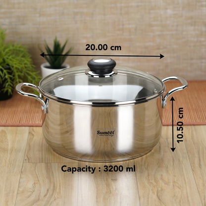 Sumeet Stainless Steel Induction Bottom (Encapsulated Bottom) Casserole with Glass Lid 3.2 LTR, 20 cm Dia, Silver