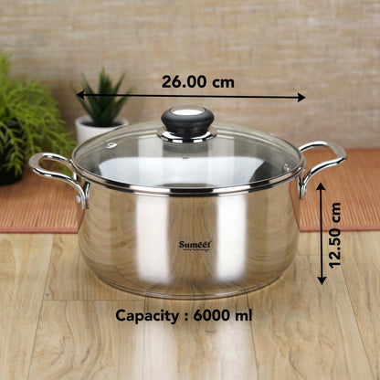 Sumeet Stainless Steel Induction Bottom (Encapsulated Bottom) Casserole with Glass Lid 6 LTR, 26 cm Dia, Silver