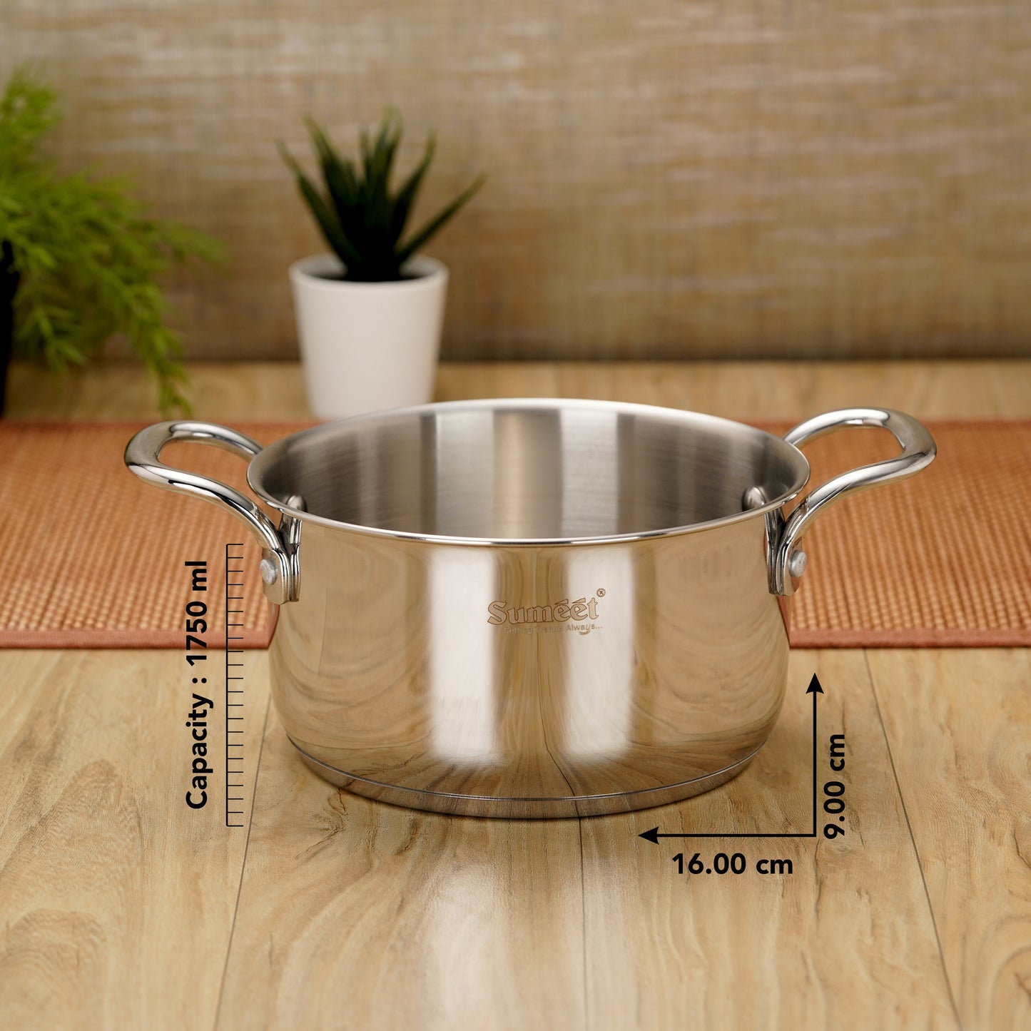 Sumeet Stainless Steel Induction Bottom (Encapsulated Bottom) Casserole 1750 ml, 16 cm Dia, Silver