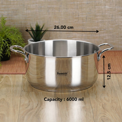 Sumeet Stainless Steel Induction Bottom (Encapsulated Bottom) Casserole 6 LTR, 26 cm Dia, Silver