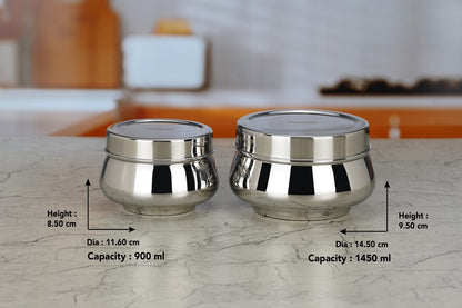 Sumeet Stainless Steel Handi Shape Big Size Canisters/Dabba/Storage Containers Set for kitchen, 11.6cm & 14.5cm Dia, 900ml & 1450ml, Pack of 2, Silver