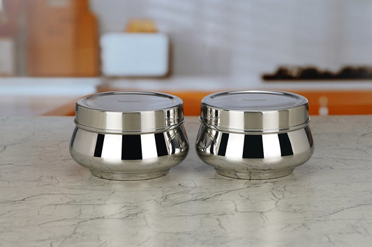 Sumeet Stainless Steel Handi Shape Canisters/Dabba/Storage Containers Set for kitchen 11.6cm Dia, 900ml, Pack of 2, Silver