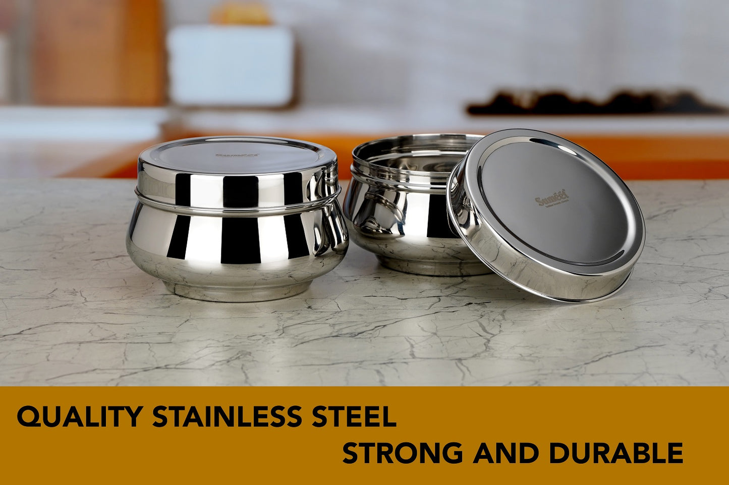 Sumeet Stainless Steel Handi Shape Canisters/Dabba/Storage Containers Set for kitchen 11.6cm Dia, 900ml, Pack of 2, Silver