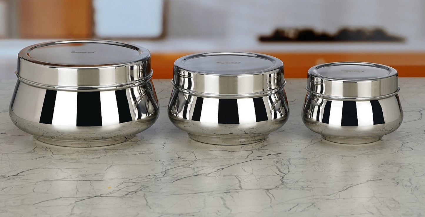 Sumeet Stainless Steel Handi Shape Big Size Canisters/Dabba/Storage Containers Set for kitchen, 11.6cm, 14.5cm & 17.5cm Dia, 900ml, 1450ml & 2400ml, Pack of 3, Silver