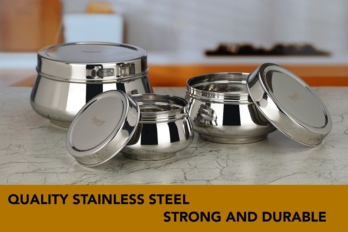 Sumeet Stainless Steel Handi Shape Big Size Canisters/Dabba/Storage Containers Set for kitchen, 11.6cm, 14.5cm & 17.5cm Dia, 900ml, 1450ml & 2400ml, Pack of 3, Silver