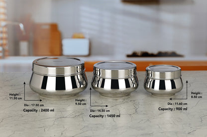 Sumeet Stainless Steel Handi Shape Big Size Canisters/Dabba/Storage Containers Set for kitchen, 11.6cm, 14.5cm & 17.5cm Dia, 900ml, 1450ml & 2400ml, Pack of 3, Silver