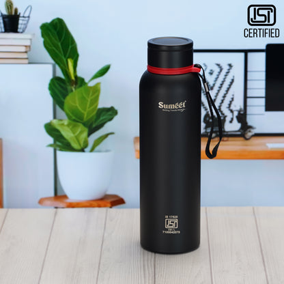Sumeet Nero 24 Hrs Hot & Cold ISI Certified Stainless Steel Leak Proof Water Bottle for Office/School/College/Gym/Picnic/Home/Trekking -900ml, Pack of 1, Black