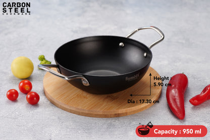 Sumeet Super Smooth Pre Seasoned Carbon Steel (Iron) Deep Kadai for Cooking and Deep Frying|Naturally Nonstick |17.3cm | 950ml, Gas & Induction-Friendly, Black