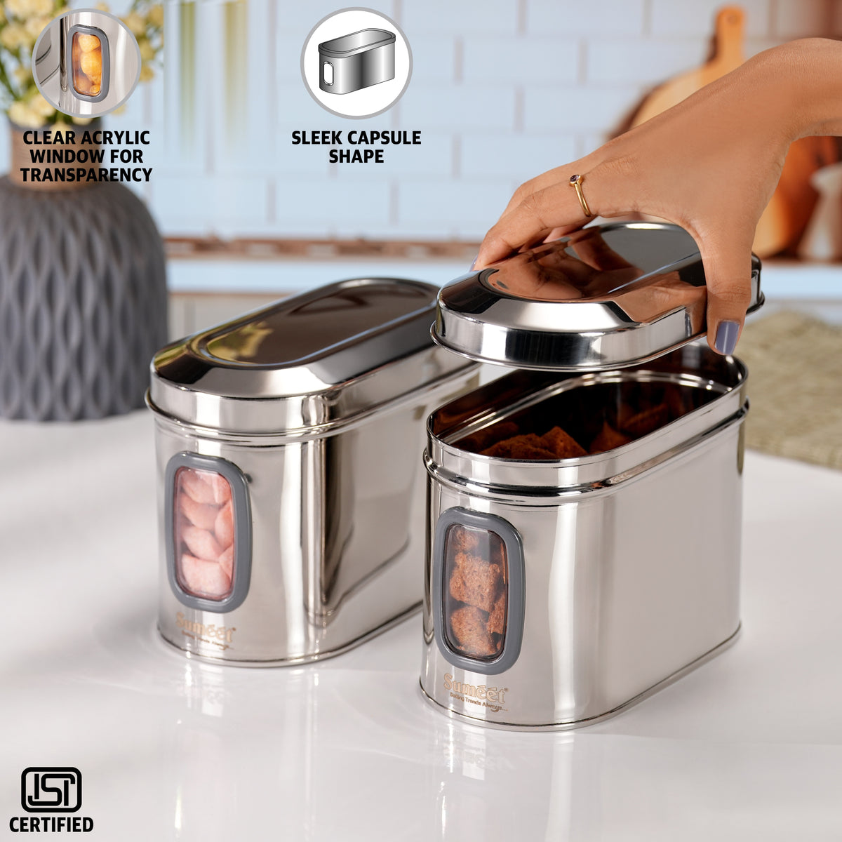 Sumeet ISI Certified Stainless Steel Capsul Canister/Container for Kitchen Storage with See Through Window - Set of 2 Pcs - 1400ml, Silver
