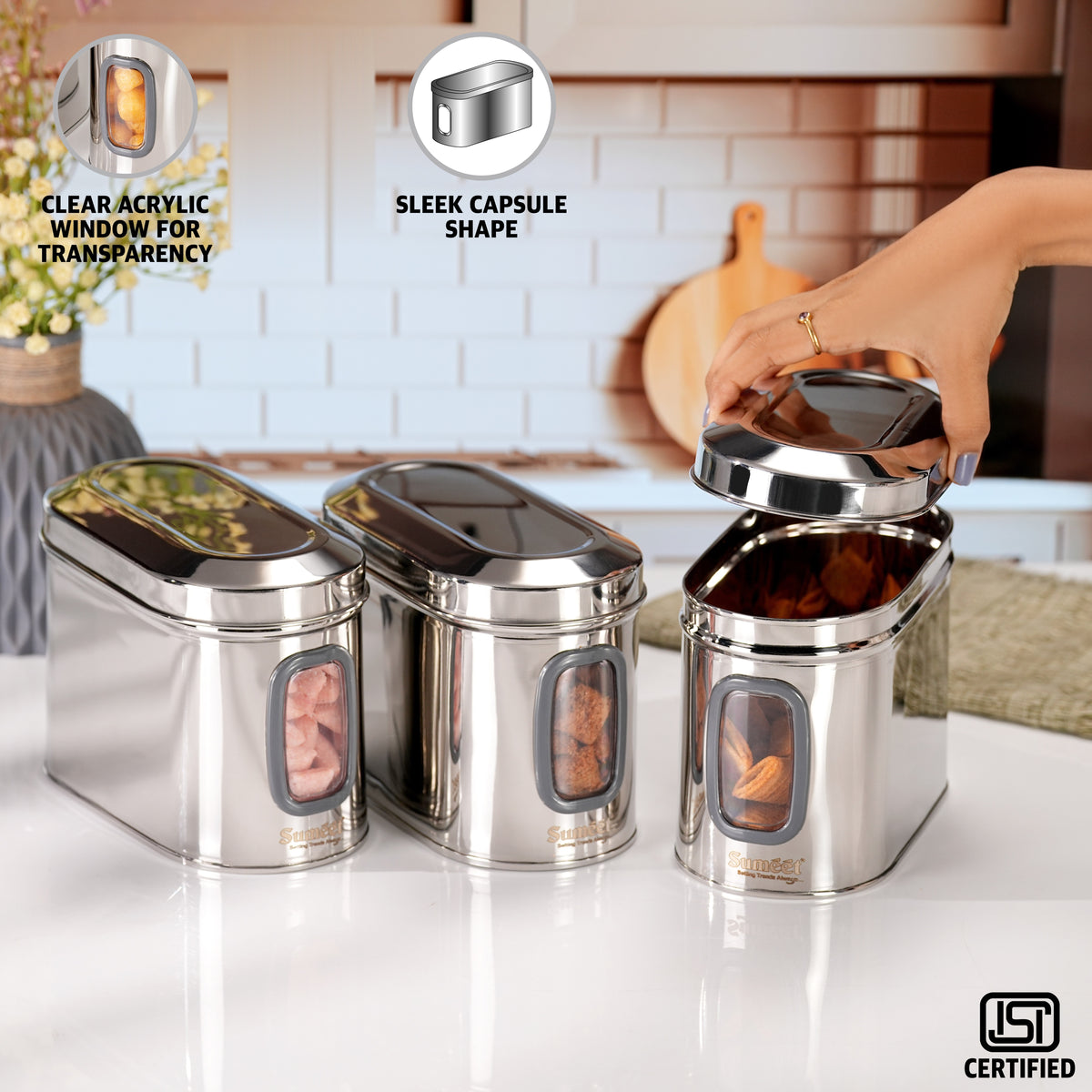 Sumeet ISI Certified Stainless Steel Capsul Canister/Container for Kitchen Storage with See Through Window - Set of 3 Pcs - 1400ml, Silver